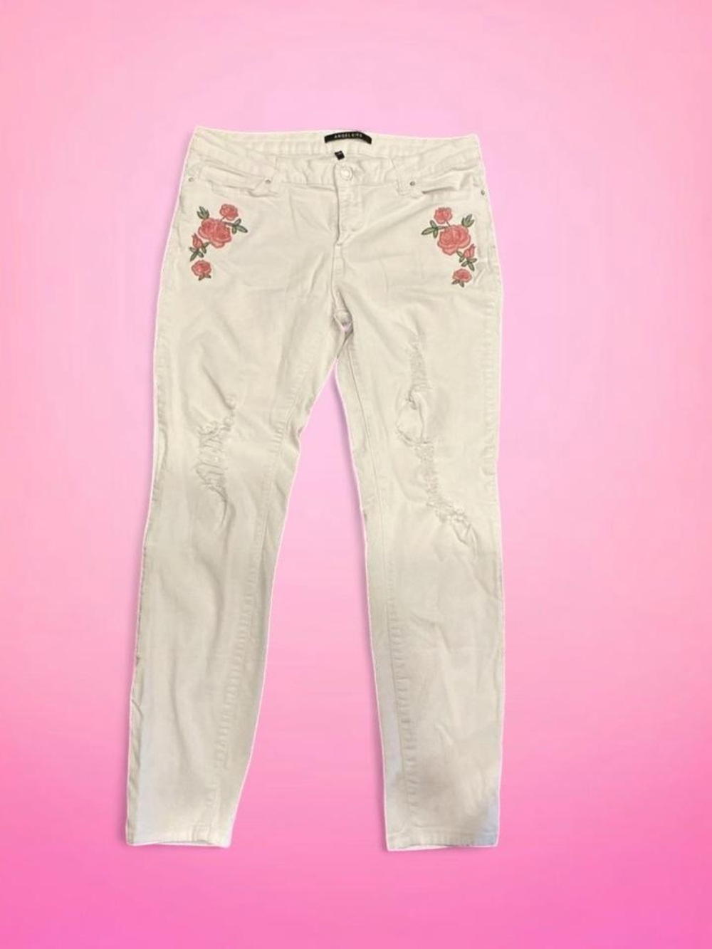 Angel Kiss White Cropped Jeans with Pink Rose Embroidery